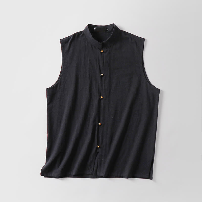 Buddha Stones Summer Solid Color Stand Collar Men's Cotton Linen Sleeveless Vest - image 5