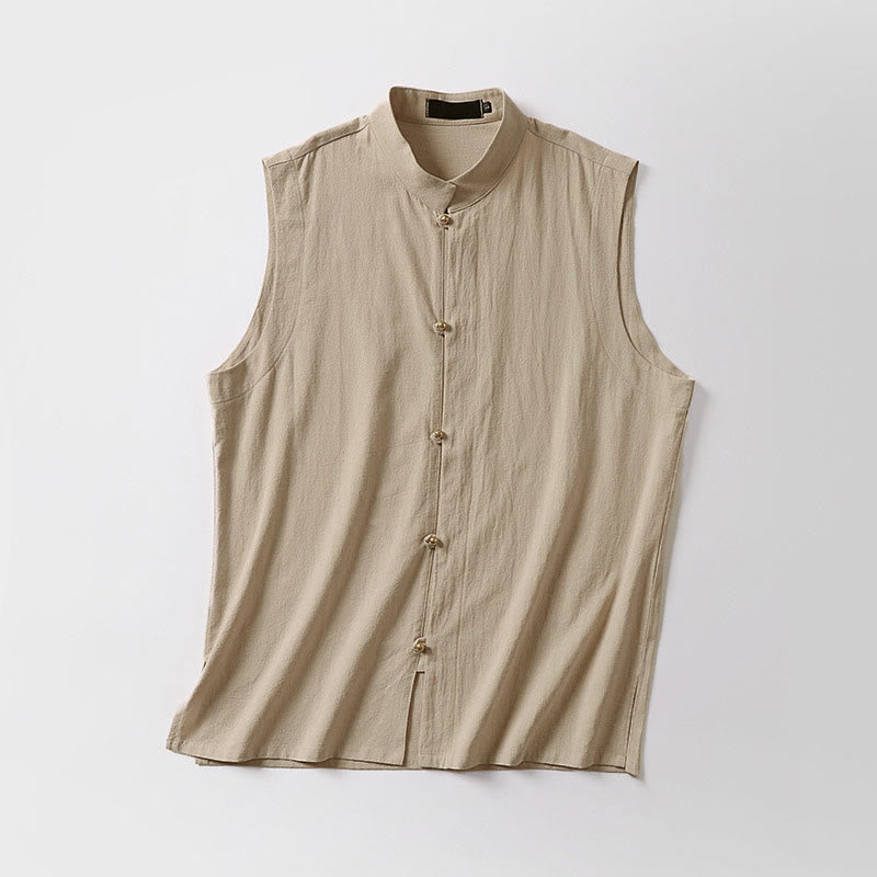 Buddha Stones Summer Solid Color Stand Collar Men's Cotton Linen Sleeveless Vest - image 7