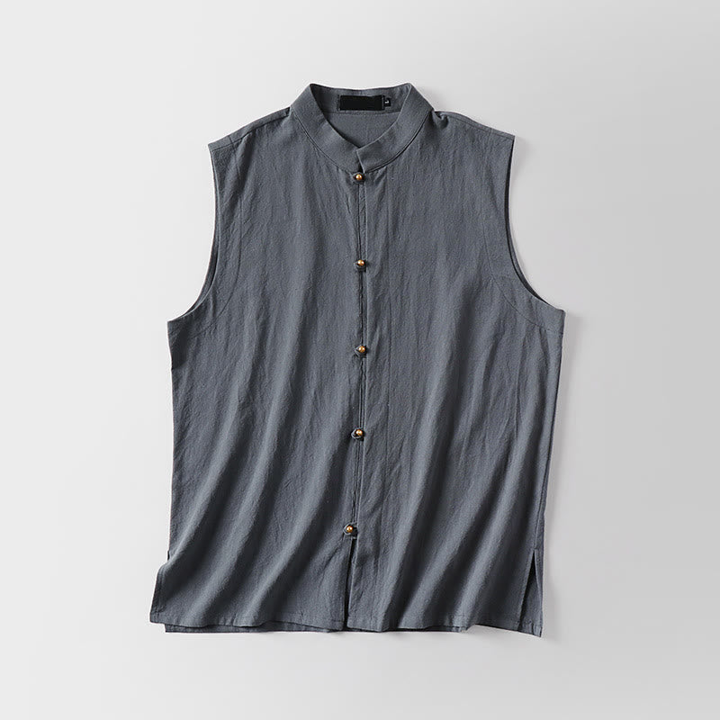 Buddha Stones Summer Solid Color Stand Collar Men's Cotton Linen Sleeveless Vest - image 1