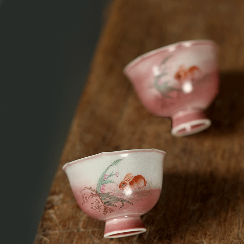 Buddha Stones Hand-painted Rabbit Orchid Flower Begonia Ceramic Teacup Kung Fu Tea Cup 75ml - image 5