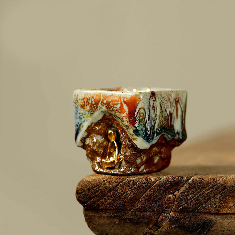 Buddha Stones Hand-painted Dunhuang Meditating Buddha Shino Ceramic Teacup Kung Fu Tea Cup - Meditating Buddha 6cm*6cm*75ml - image 0