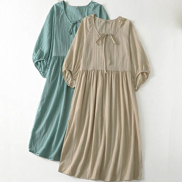 Buddha Stones Spring Solid Color Lace-up Crew Neck Design Three Quarter Sleeve Women's Midi Dress - image 26