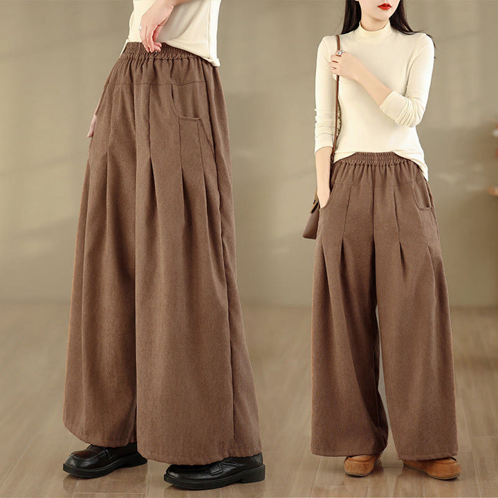 Buddha Stones Spring Plain Brown Corduroy Women's Wide Leg Pants With Pockets - Peru - US8-10，UK/AU12-14，EU40-42 (2XL) - image 0