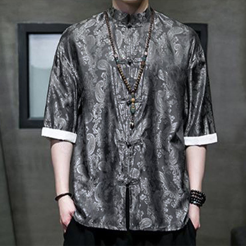 Buddha Stones Summer Cashew Flowers Pattern Men's Frog-Button Half Sleeve Shirts - image 2