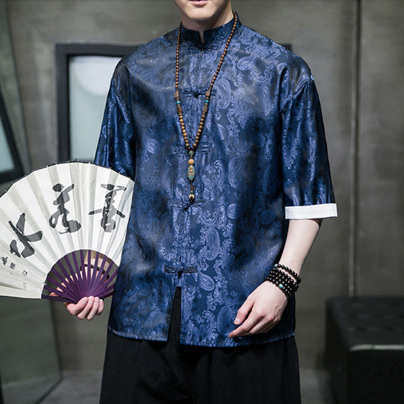 Buddha Stones Summer Cashew Flowers Pattern Men's Frog-Button Half Sleeve Shirts - image 32