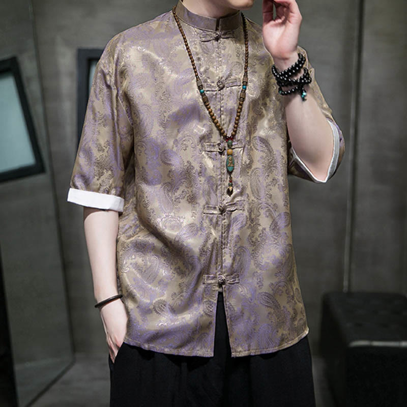 Buddha Stones Summer Cashew Flowers Pattern Men's Frog-Button Half Sleeve Shirts - image 42