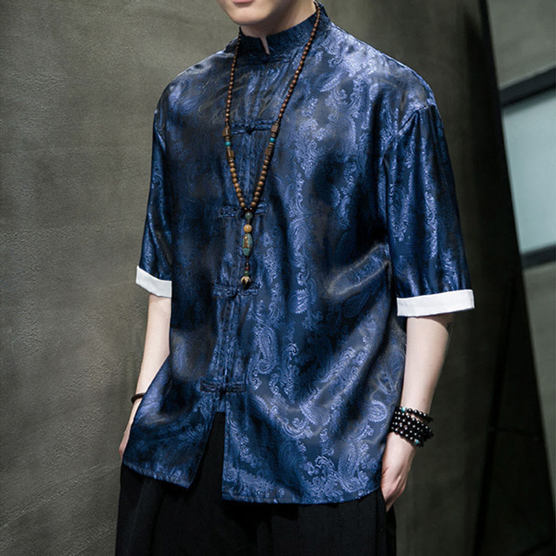 Buddha Stones Summer Cashew Flowers Pattern Men's Frog-Button Half Sleeve Shirts - image 33