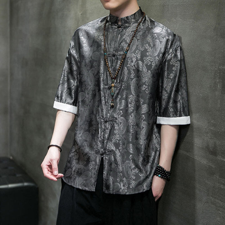 Buddha Stones Summer Cashew Flowers Pattern Men's Frog-Button Half Sleeve Shirts - image 4