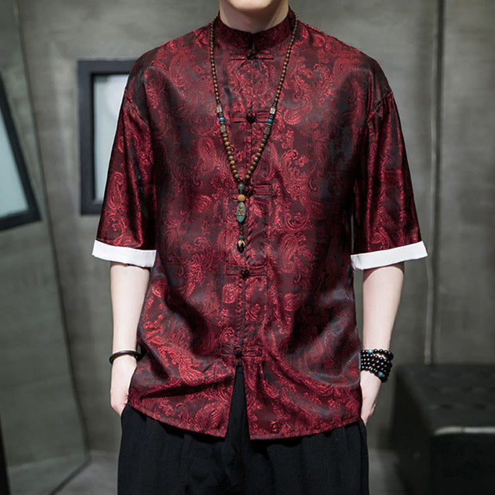 Buddha Stones Summer Cashew Flowers Pattern Men's Frog-Button Half Sleeve Shirts - image 27