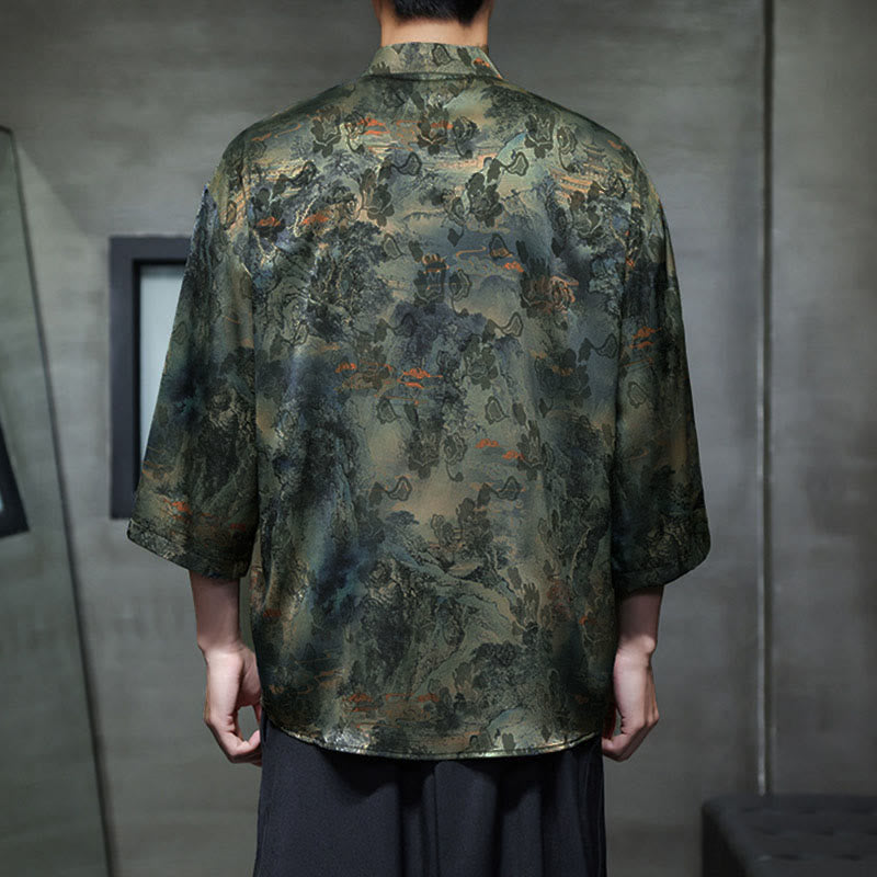 Buddha Stones Spring Frog-Button Dragon Mountain Flower Three Quarter Sleeve Tang Suit Men's Shirt With Pockets - image 52