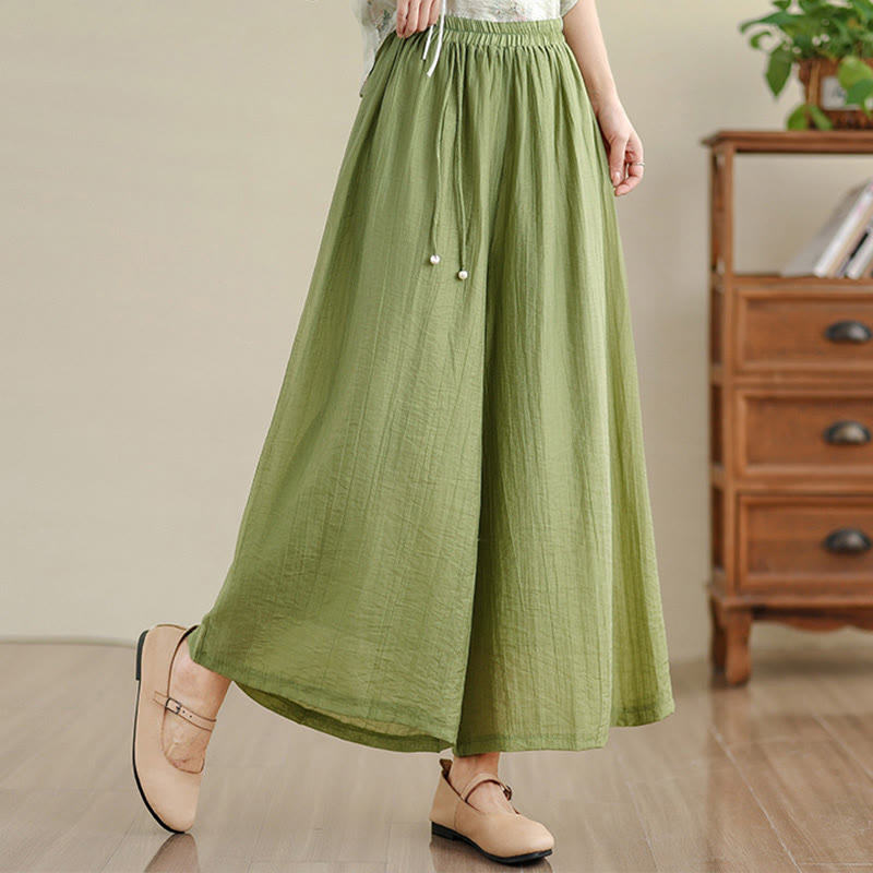 Buddha Stones Solid Color Elastic Waist Design Capri Cropped Women's Wide Leg Pants - YellowGreen - US12，UK/AU16，EU44 (3XL) - image 0