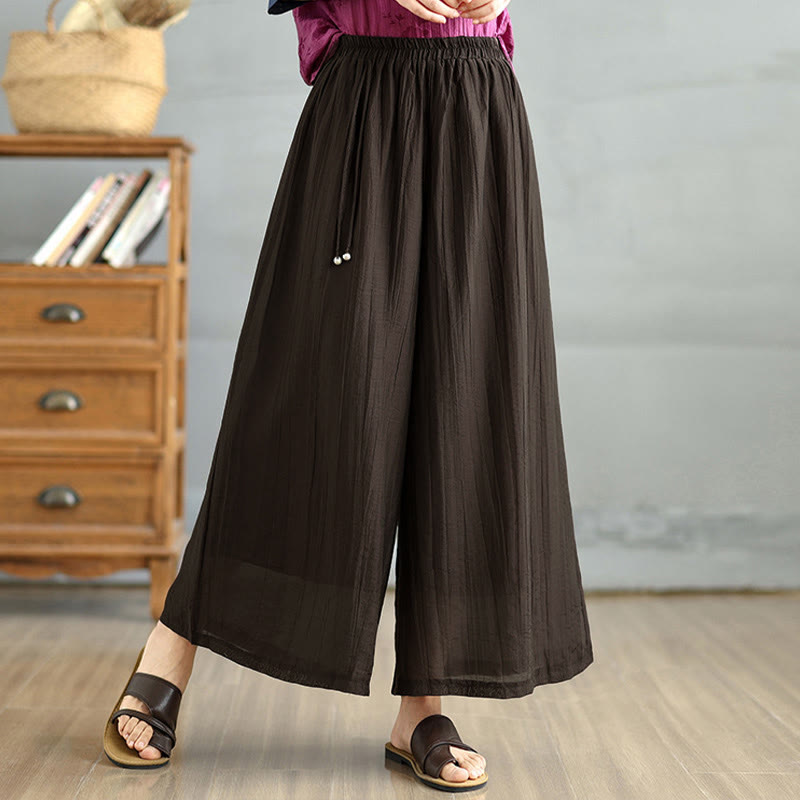 Buddha Stones Solid Color Elastic Waist Design Capri Cropped Women's Wide Leg Pants - SaddleBrown - US12，UK/AU16，EU44 (3XL) - image 6