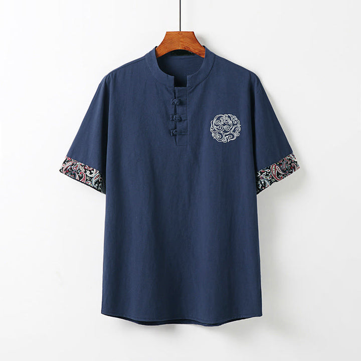 Buddha Stones Summer Frog-Button Auspicious Clouds Embroidery Design Short Sleeve Cotton Linen Men's Shirt - SteelBlue - US/UK/AU54，EU64 (9XL) - image 11