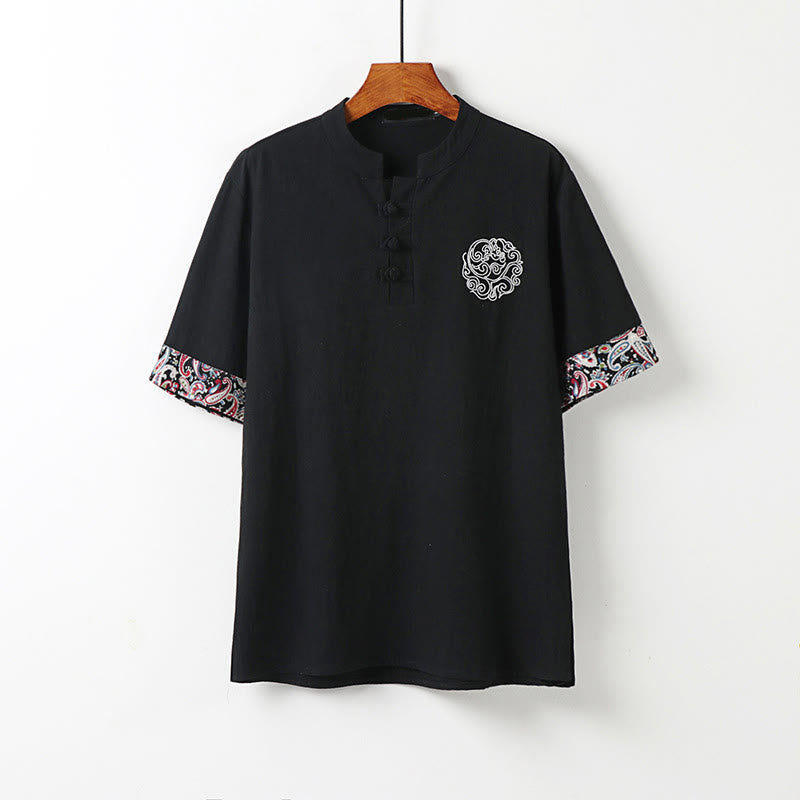 Buddha Stones Summer Frog-Button Auspicious Clouds Embroidery Design Short Sleeve Cotton Linen Men's Shirt - Black - US/UK/AU54，EU64 (9XL) - image 10