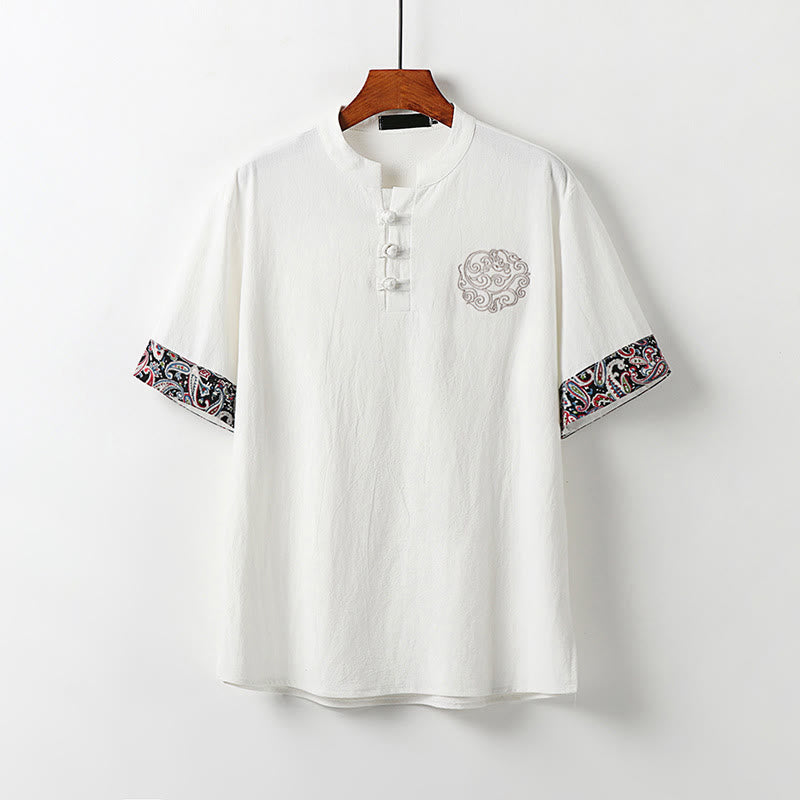 Buddha Stones Summer Frog-Button Auspicious Clouds Embroidery Design Short Sleeve Cotton Linen Men's Shirt - White - US/UK/AU54，EU64 (9XL) - image 0