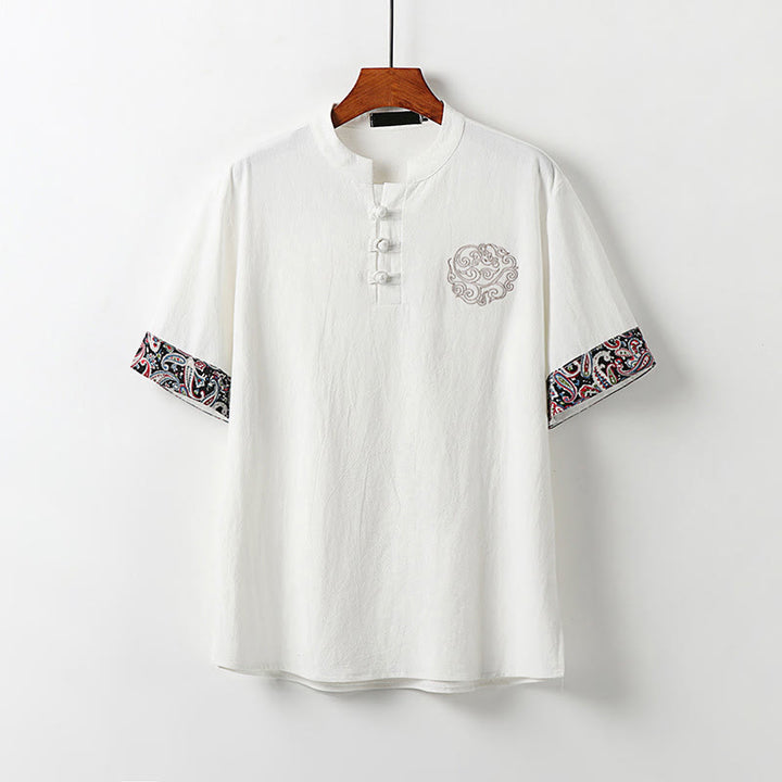Buddha Stones Summer Frog-Button Auspicious Clouds Embroidery Design Short Sleeve Cotton Linen Men's Shirt - White - US/UK/AU54，EU64 (9XL) - image 0