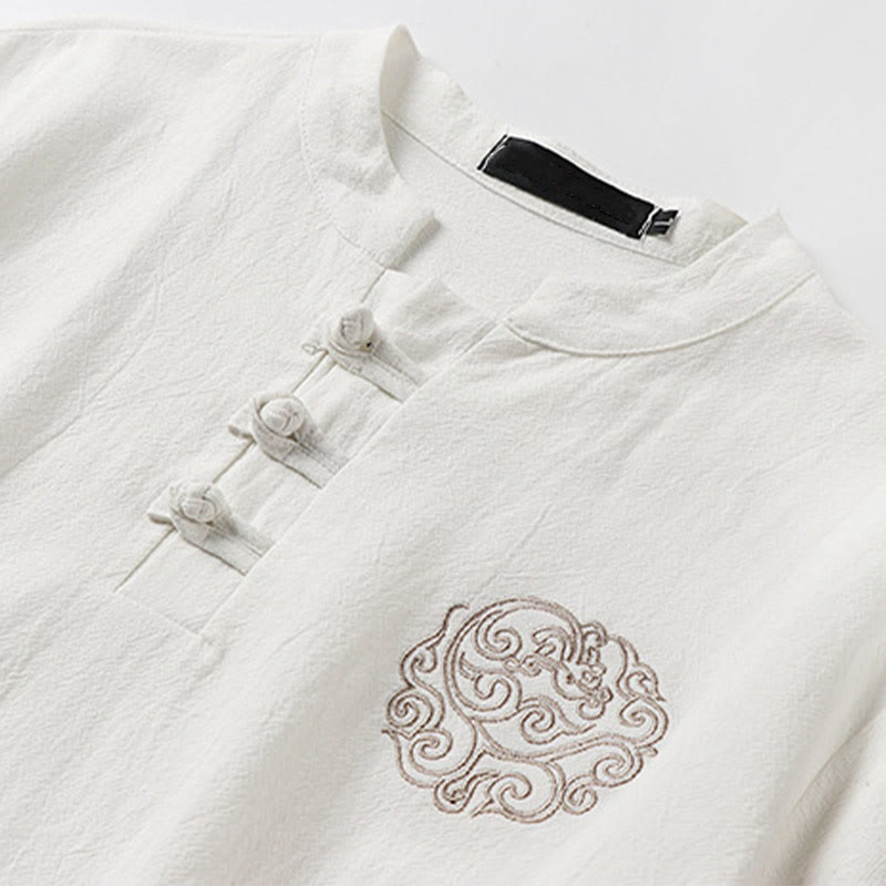 Buddha Stones Summer Frog-Button Auspicious Clouds Embroidery Design Short Sleeve Cotton Linen Men's Shirt - image 2