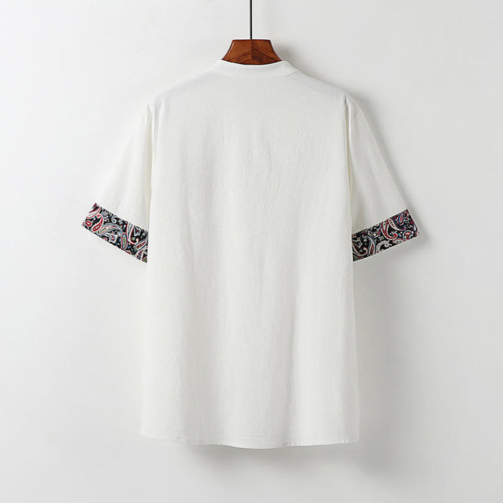 Buddha Stones Summer Frog-Button Auspicious Clouds Embroidery Design Short Sleeve Cotton Linen Men's Shirt - image 1