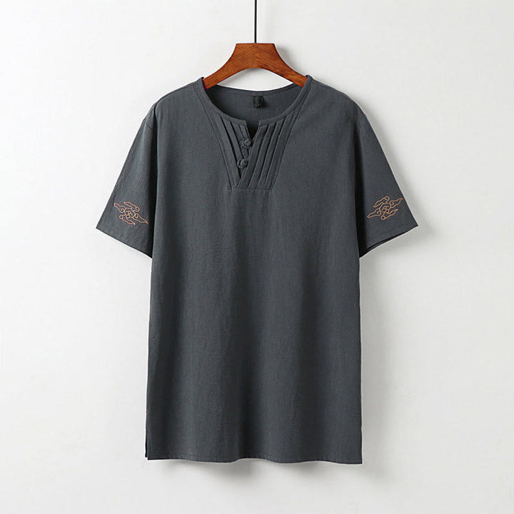 Buddha Stones Summer V-Neck Frog-Button Short Sleeve Clouds Embroidery Cotton Linen Men's Shirt - Gray - US/UK/AU54，EU64 (9XL) - image 2