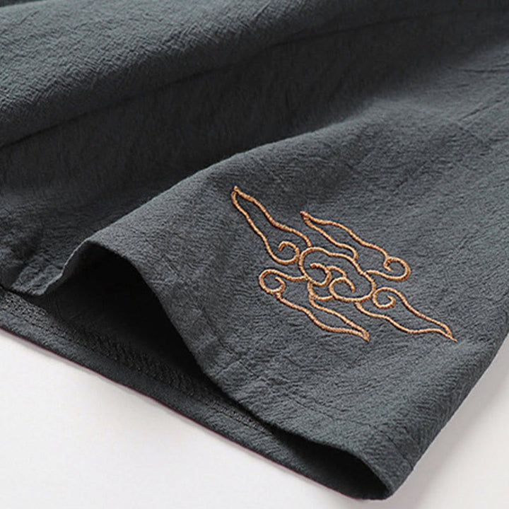 Buddha Stones Summer V-Neck Frog-Button Short Sleeve Clouds Embroidery Cotton Linen Men's Shirt - image 6
