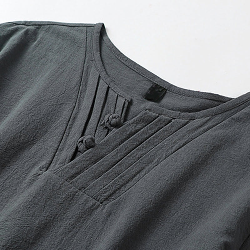 Buddha Stones Summer V-Neck Frog-Button Short Sleeve Clouds Embroidery Cotton Linen Men's Shirt - image 4