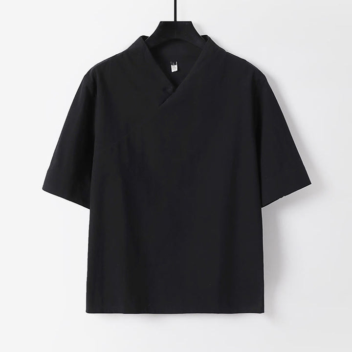 Buddha Stones Summer Simple V-Neck Short Sleeve Cotton Linen Men's Shirt - Black - US/UK/AU54，EU64 (9XL) - image 1