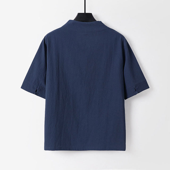 Buddha Stones Summer Simple V-Neck Short Sleeve Cotton Linen Men's Shirt - image 3