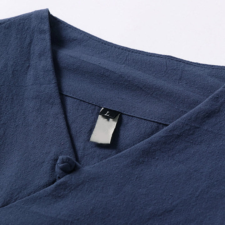 Buddha Stones Summer Simple V-Neck Short Sleeve Cotton Linen Men's Shirt - image 4