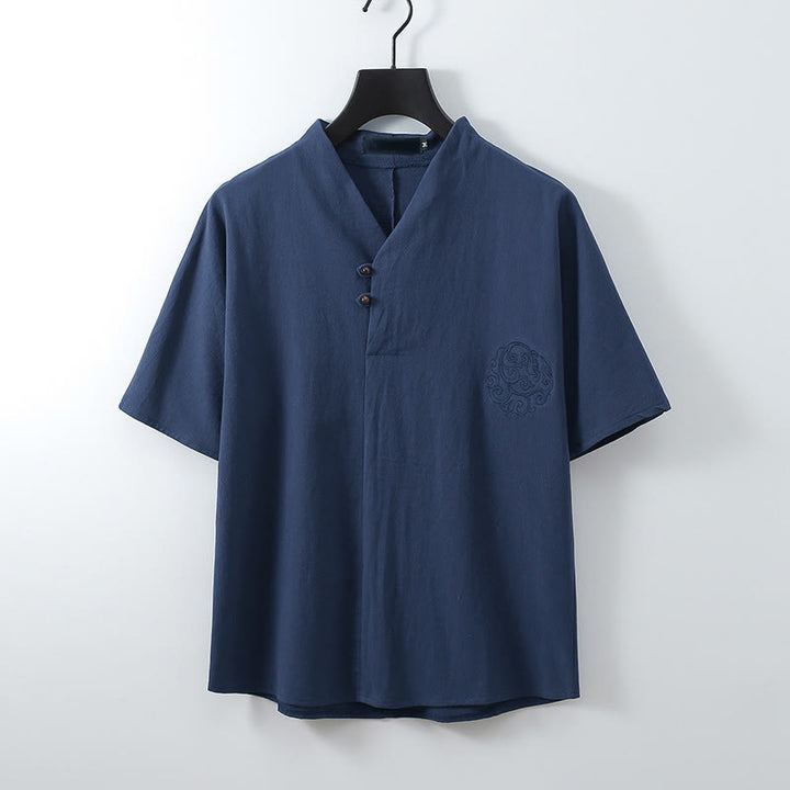 Buddha Stones Summer V-Neck Button Short Sleeve Clouds Embroidery Cotton Linen Men's Shirt - SteelBlue - US/UK/AU56，EU66 (9XL) - image 3