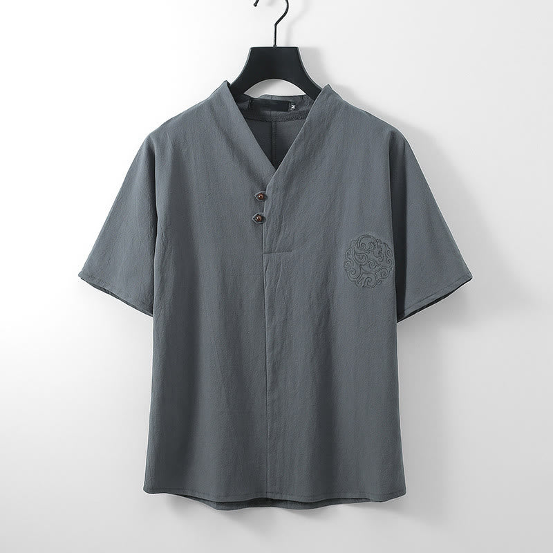 Buddha Stones Summer V-Neck Button Short Sleeve Clouds Embroidery Cotton Linen Men's Shirt - Gray - US/UK/AU56，EU66 (9XL) - image 1