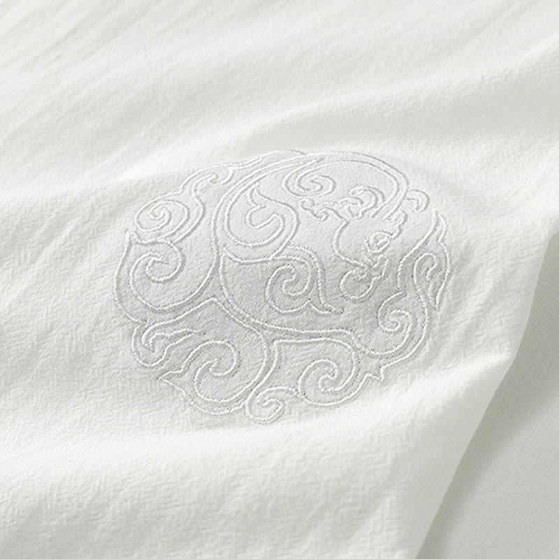 Buddha Stones Summer V-Neck Button Short Sleeve Clouds Embroidery Cotton Linen Men's Shirt - image 8