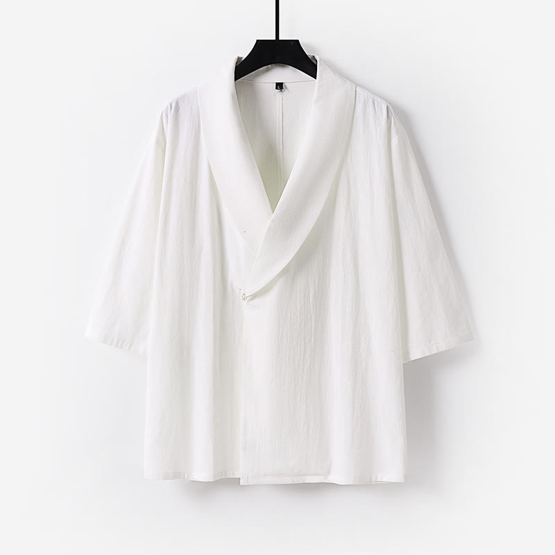 Buddha Stones Summer V-Neck Lapel Half Sleeve Cotton Linen Men's Shirt - White - US/UK/AU54，EU64 (9XL) - image 9