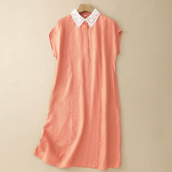Buddha Stones Summer Hollow Lace Design Lapel Sleeveless Cotton Midi Dress With Pockets - LightSalmon - US14，UK/AU18，EU46 (2XL) - image 0