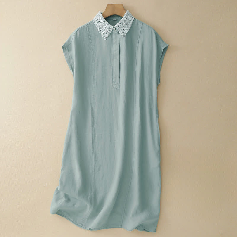 Buddha Stones Summer Hollow Lace Design Lapel Sleeveless Cotton Midi Dress With Pockets - MediumTurquoise - US14，UK/AU18，EU46 (2XL) - image 13