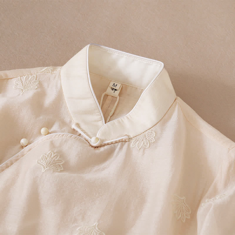 Buddha Stones Embroidery Flower Frog-Button Stand Collar Side Slit Half Sleeve Maxi Dress - image 4