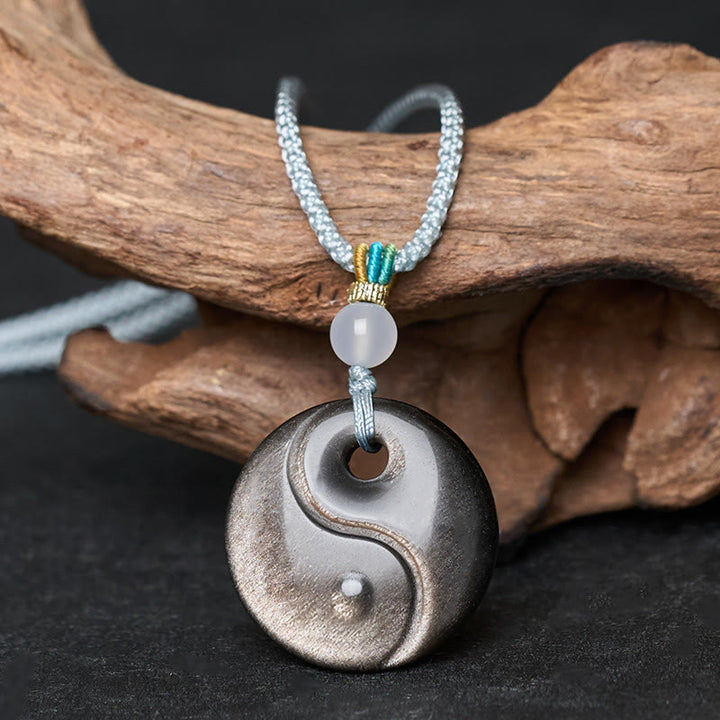 Buddha Stones Silver Sheen Obsidian Yin Yang Symbol Protection Necklace Pendant - Silver Sheen Obsidian - image 0