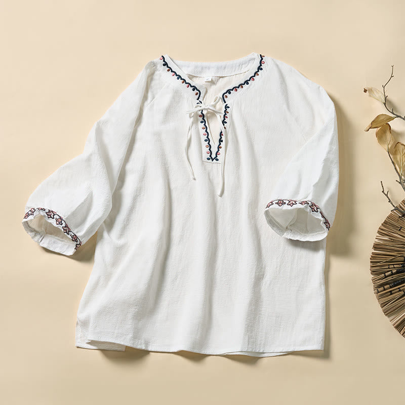 Buddha Stones Summer V-Neck Embroidery Lines Lace-up Cotton Women's Half Sleeve Shirt - White - US12，UK/AU16，EU44 (3XL) - image 7