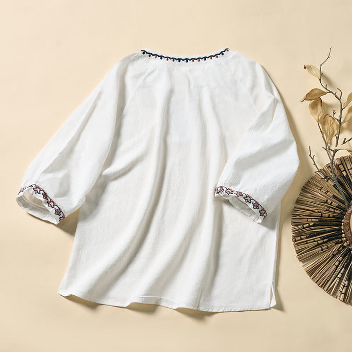 Buddha Stones Summer V-Neck Embroidery Lines Lace-up Cotton Women's Half Sleeve Shirt - image 8