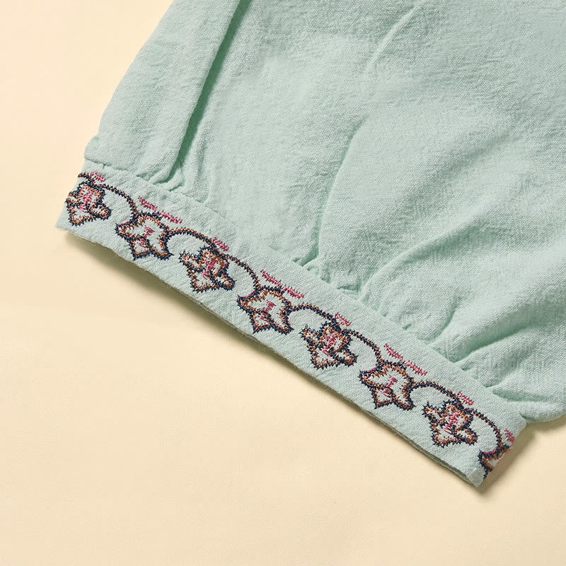 Buddha Stones Summer V-Neck Embroidery Lines Lace-up Cotton Women's Half Sleeve Shirt - image 3