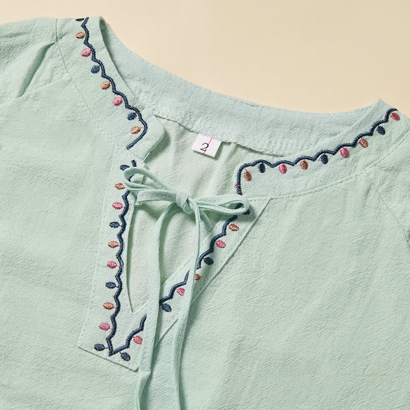 Buddha Stones Summer V-Neck Embroidery Lines Lace-up Cotton Women's Half Sleeve Shirt - image 2