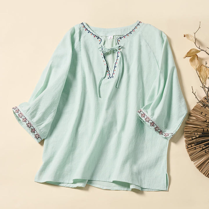 Buddha Stones Summer V-Neck Embroidery Lines Lace-up Cotton Women's Half Sleeve Shirt - MintCream - US12，UK/AU16，EU44 (3XL) - image 0