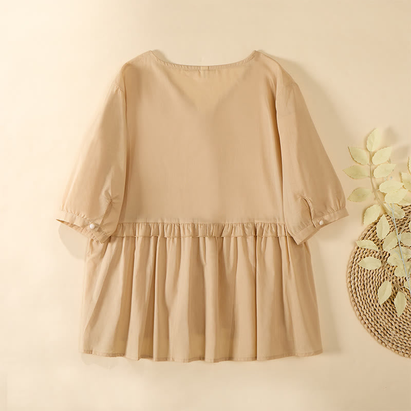 Buddha Stones Summer Solid Color V-Neck Decorative Buttons Design Women's Short Sleeve Shirt - image 1