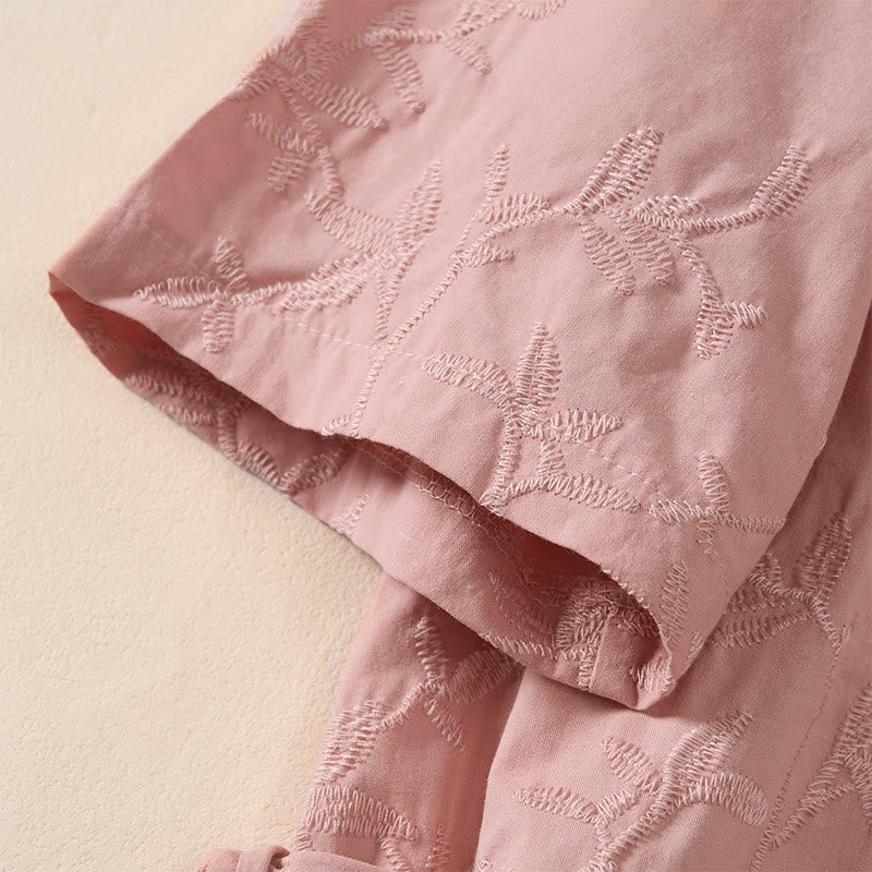 Buddha Stones Spring V-Neck Long Sleeve Leaf Pattern Women's Cotton Shirt  - image 6