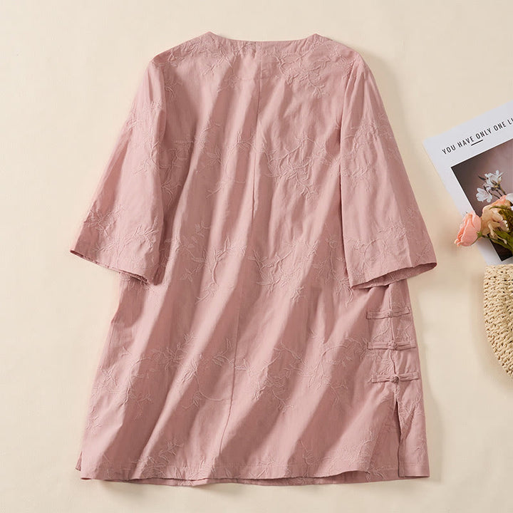 Buddha Stones Spring V-Neck Long Sleeve Leaf Pattern Women's Cotton Shirt  - image 4