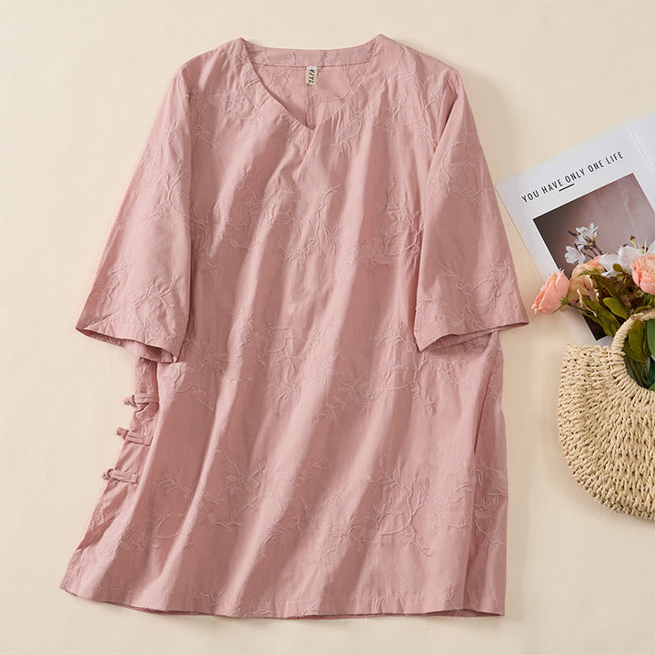 Buddha Stones Spring V-Neck Long Sleeve Leaf Pattern Women's Cotton Shirt  - image 3