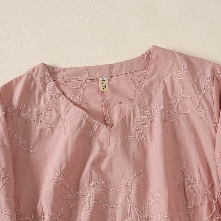 Buddha Stones Spring V-Neck Long Sleeve Leaf Pattern Women's Cotton Shirt  - image 7