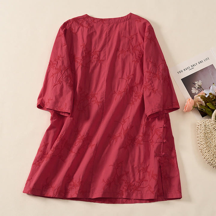 Buddha Stones Spring V-Neck Long Sleeve Leaf Pattern Women's Cotton Shirt  - image 20