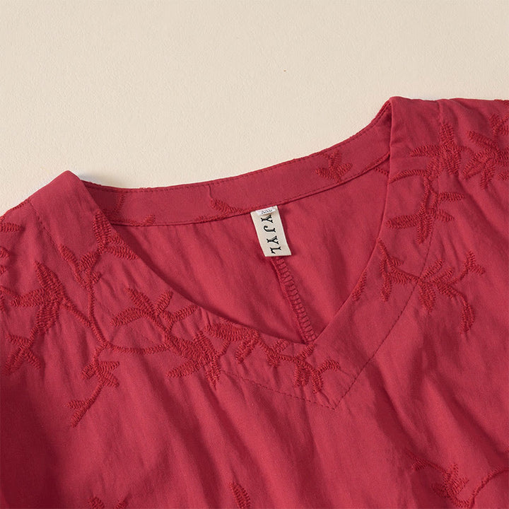 Buddha Stones Spring V-Neck Long Sleeve Leaf Pattern Women's Cotton Shirt  - image 18