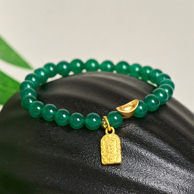Buddha Stones Green Agate Ingot Fu Character Relaxation Hope Bracelet - image 1