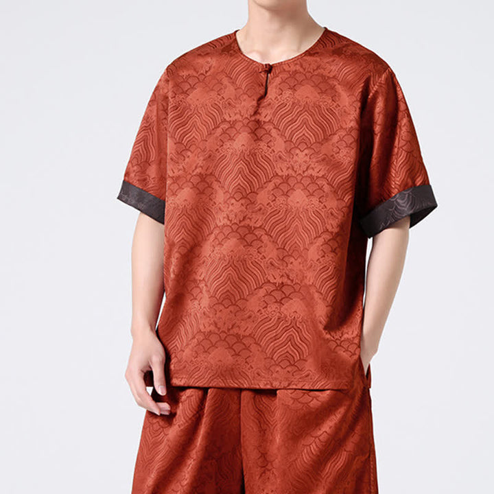 Buddha Stones Summer Retro Crackle Auspicious Cloud Pattern Short Sleeve Men's T-shirt - image 19